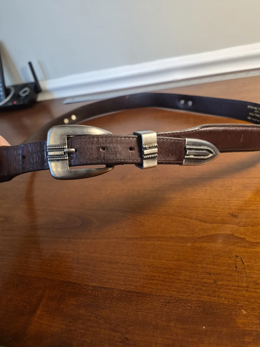 Men's Dark Brown Leather Belt with Silver Western Buckle Size 46